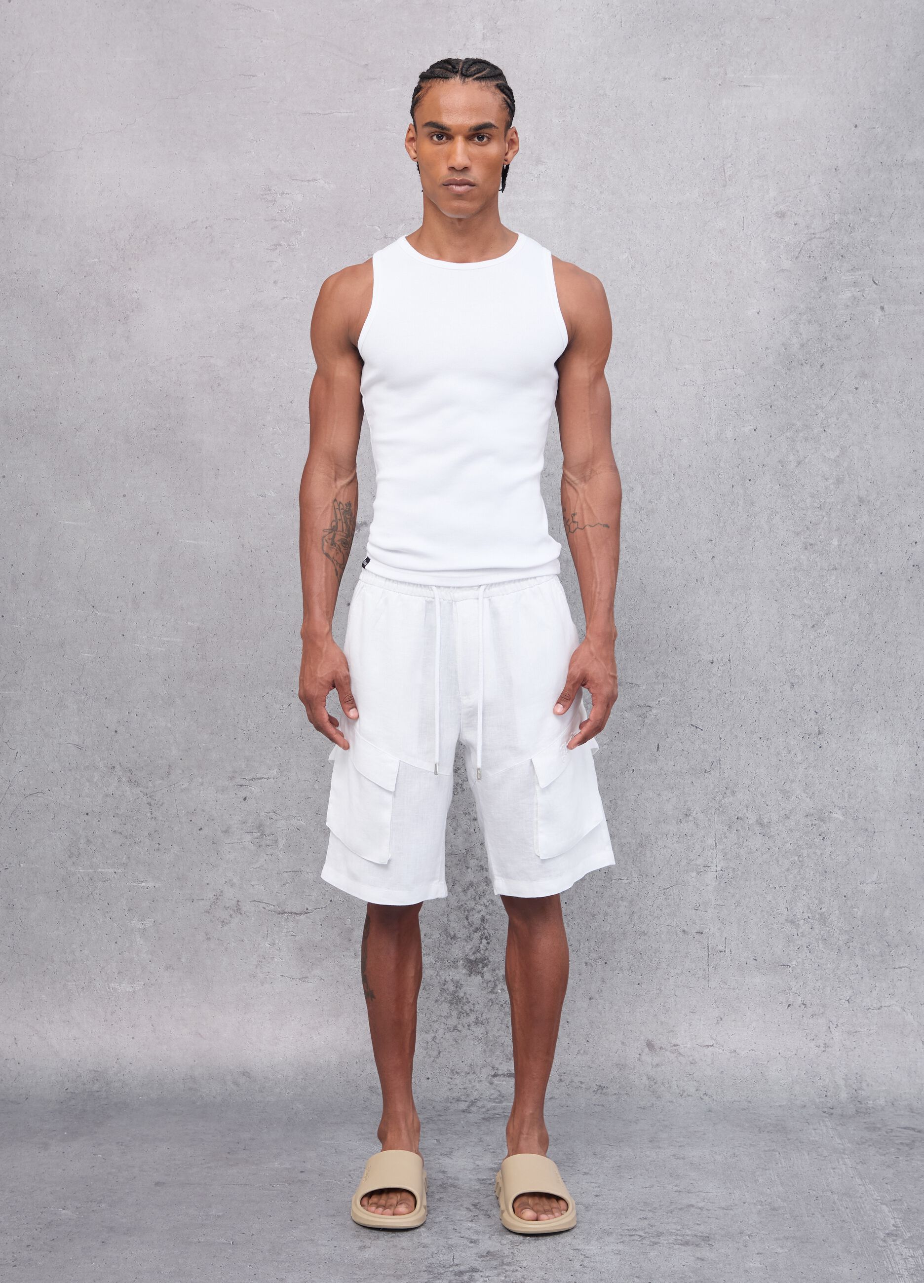 100% Linen Cargo Shorts White