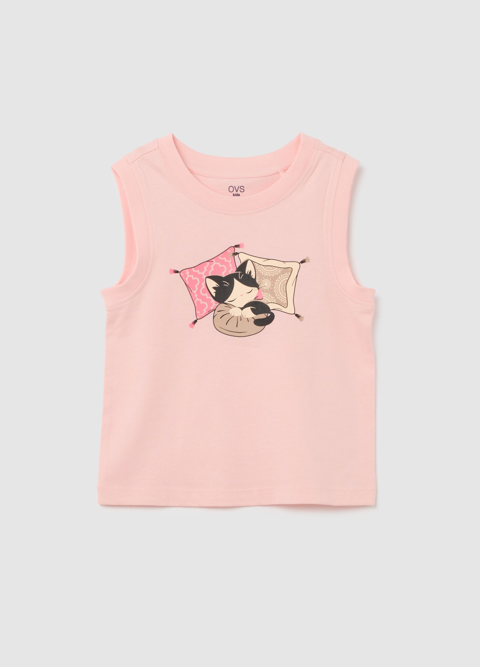 Girl's pink pure cotton T-shirt regular fit with cat print
