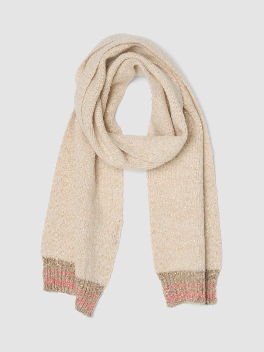 Sciarpa beige in tessuto elasticizzato con fili luminosi_0