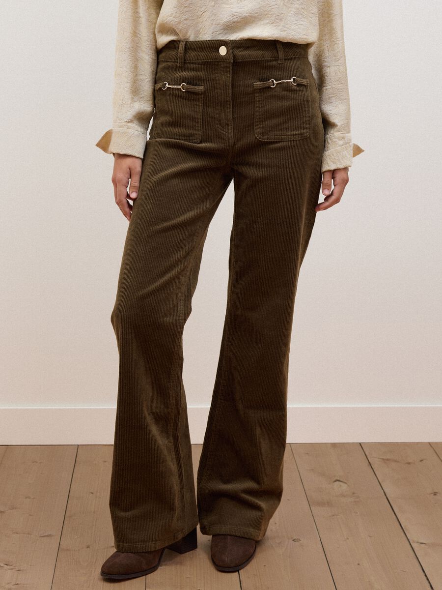 Green flared ribbed stretch-cotton trousers_1