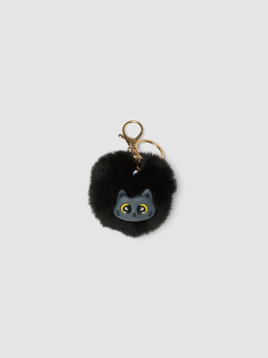 Black keyring with pompom and kitten for girls_0