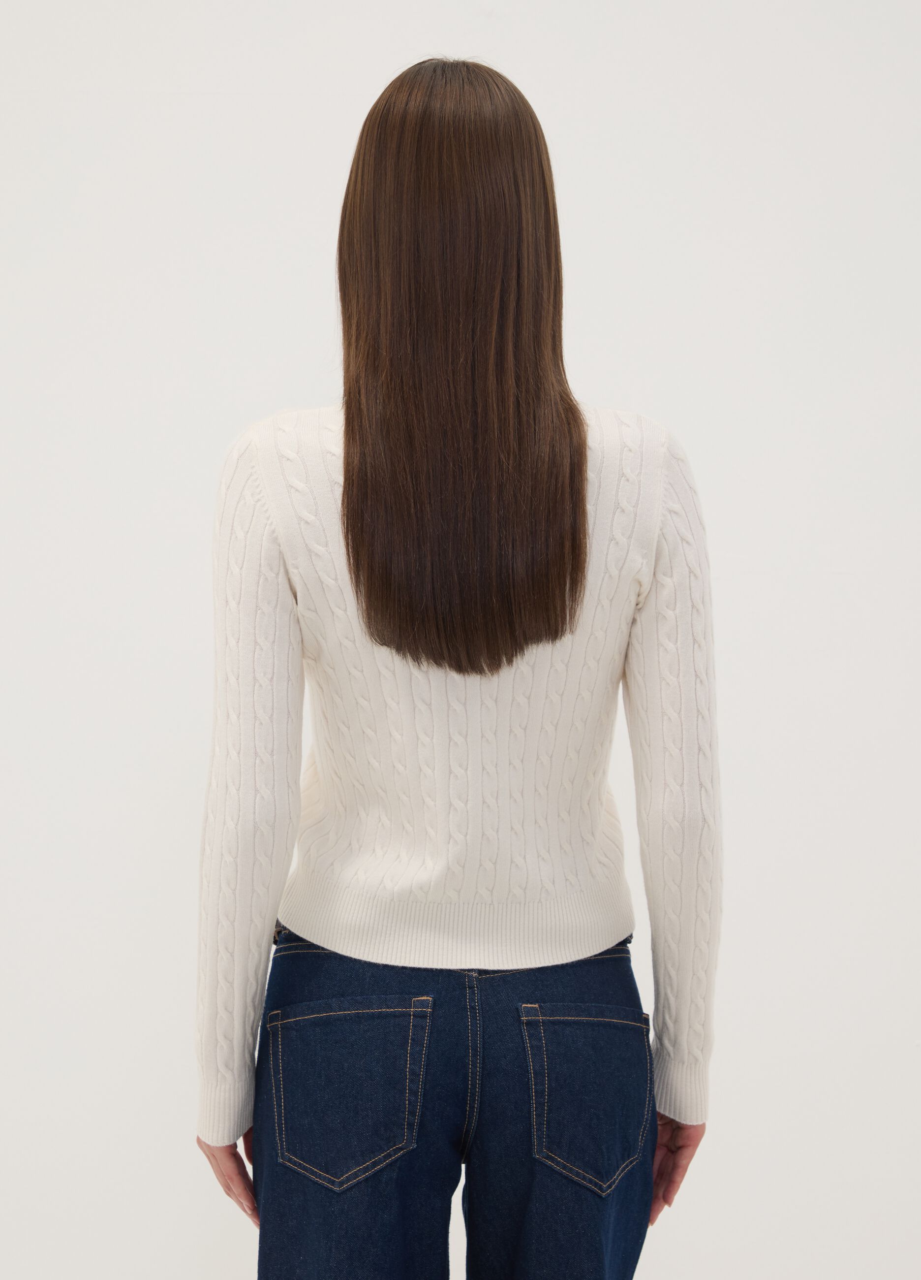 White cable-knit crew-neck jumper, regular fit