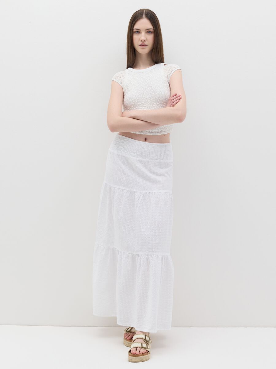 Long white tiered skirt in seersucker_0