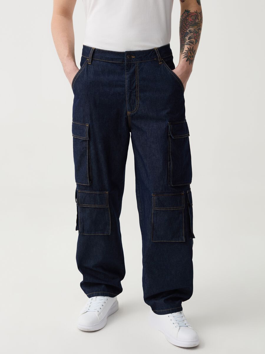 Jeans cargo wide leg rinsed multi tasche_2
