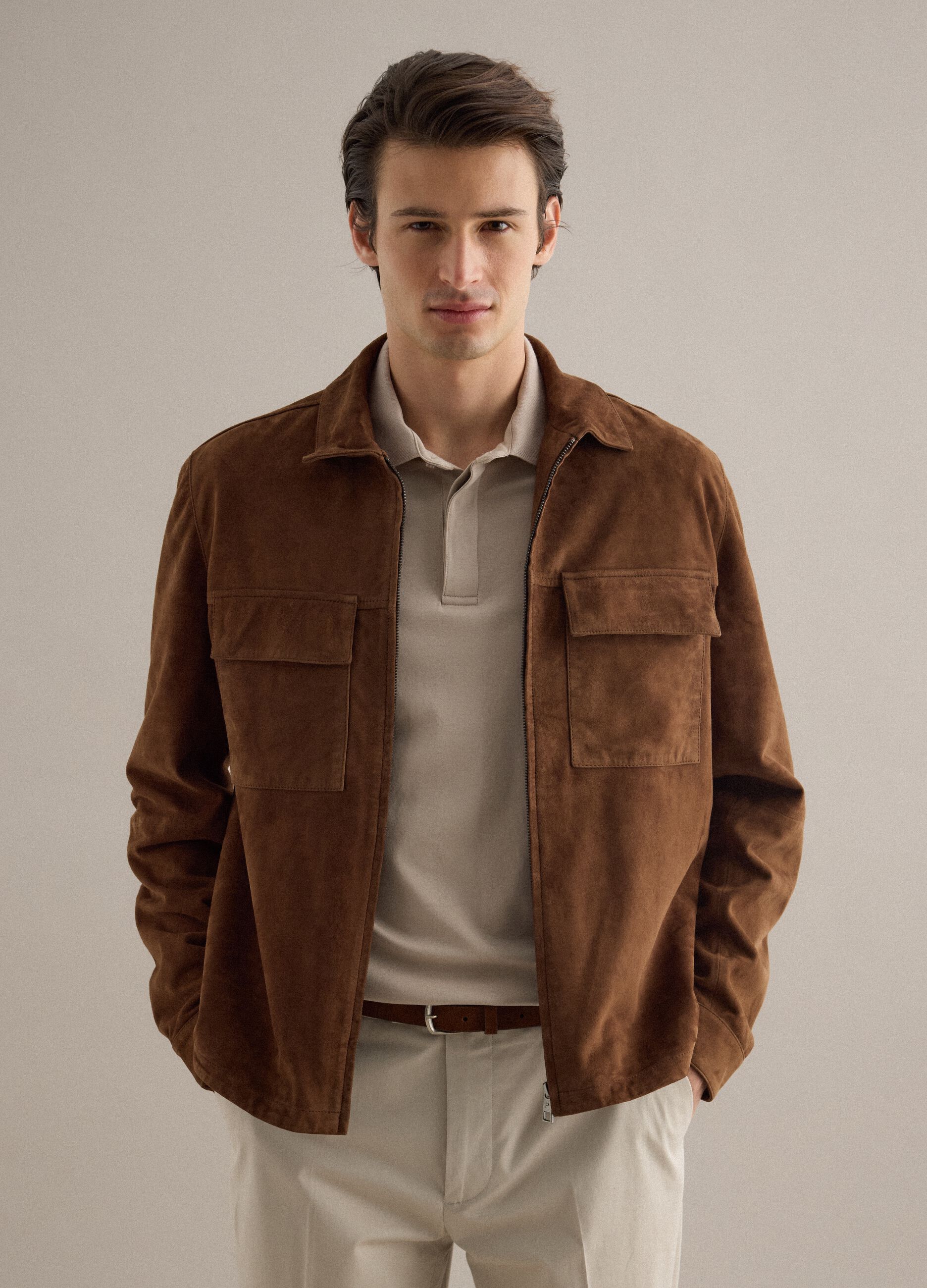 Light brown genuine leather jacket regular fit with full zip