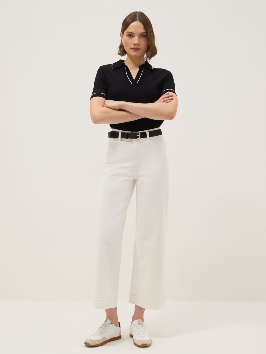 Black viscose blend slim fit polo with contrast stitching_1