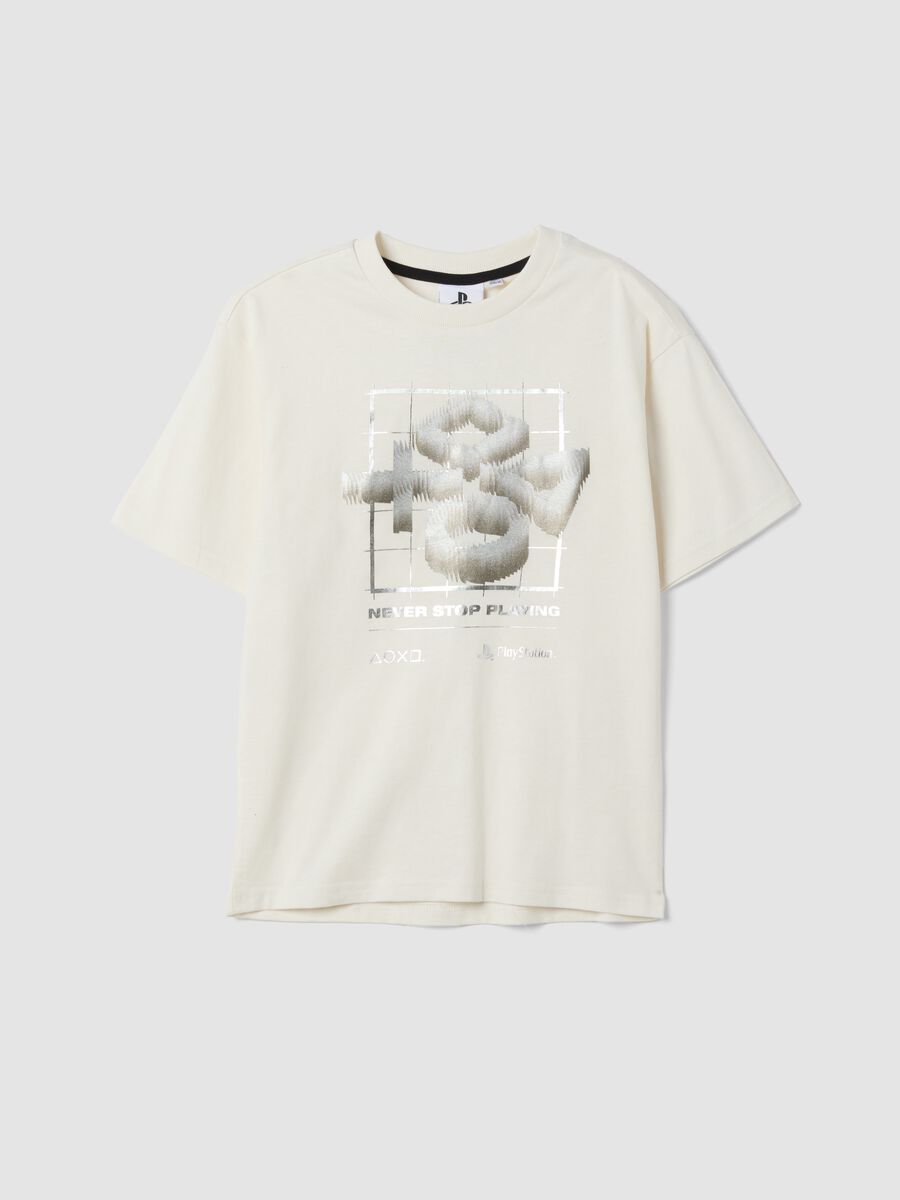 T-shirt bianca in puro cotone con girocollo e stampa Playstation_0