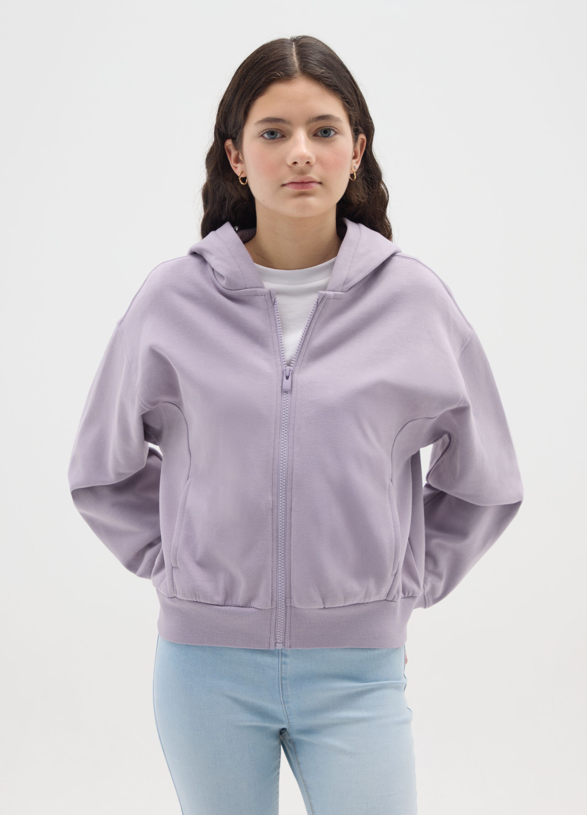 Girls' purple hoodie in pure cotton regular fit with hood and zip