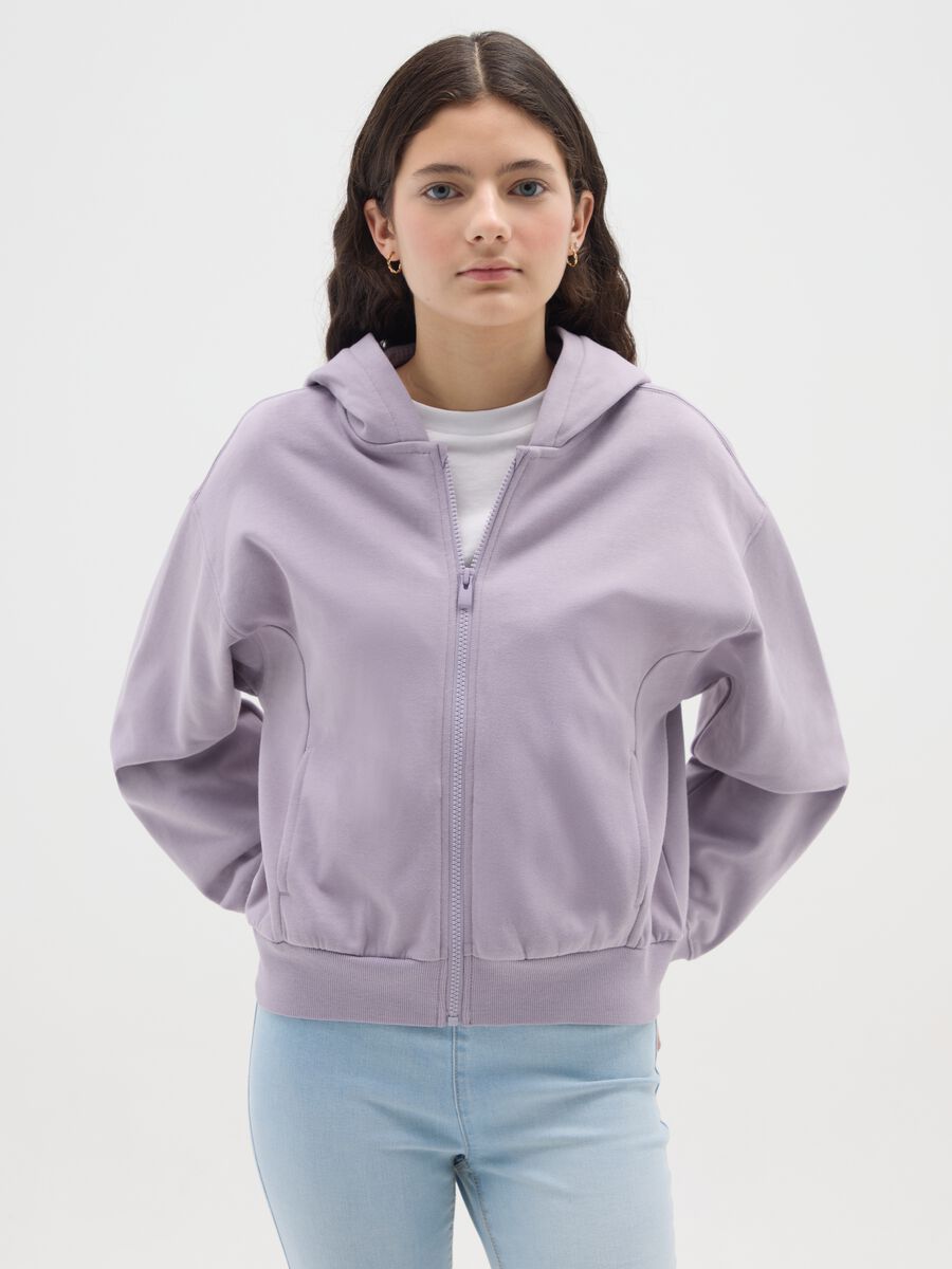 Felpa viola da ragazza in puro cotone regular fit con cappuccio e zip_0