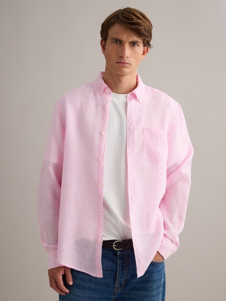 Camicia rosa in puro lino con collo button down regular fit_0