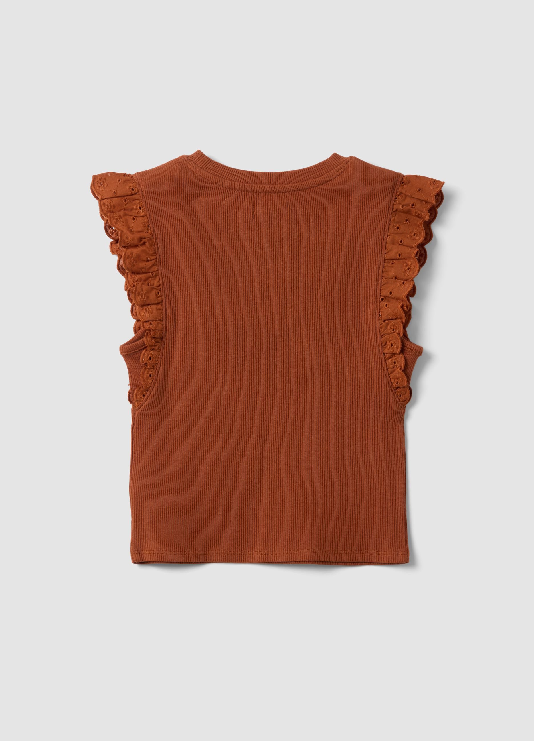 Brown stretch cotton T-shirt with ruffles