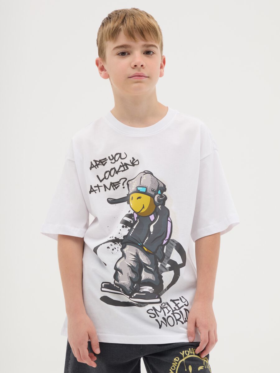 T-shirt da ragazzo in puro cotone bianca regular fit con stampa_0
