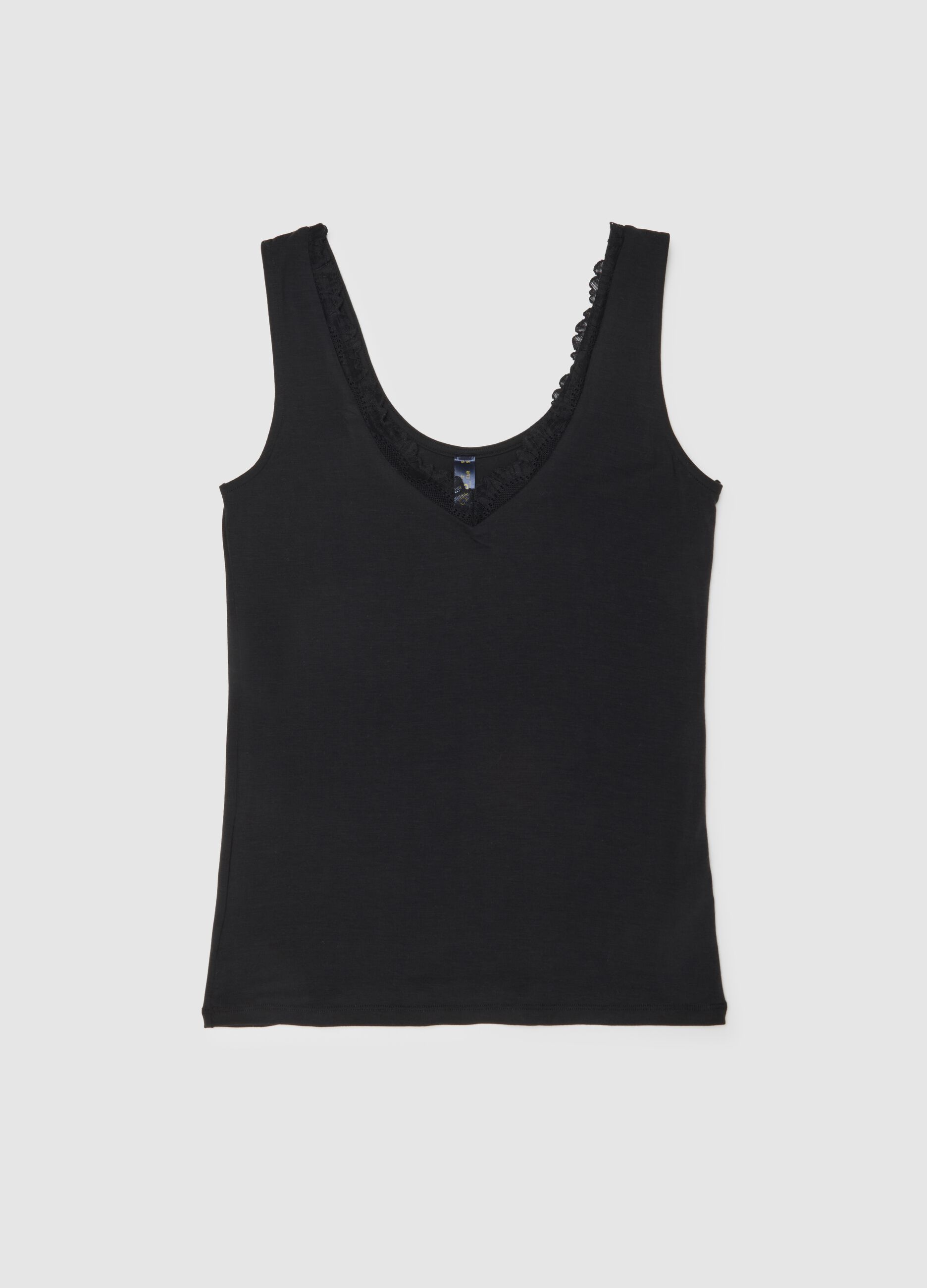 Canottiera nera regular fit con pizzo