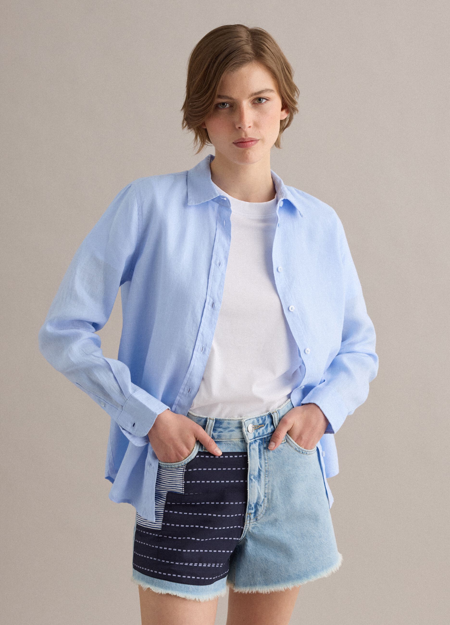 Light Blue Pure Linen Shirt, Regular Fit