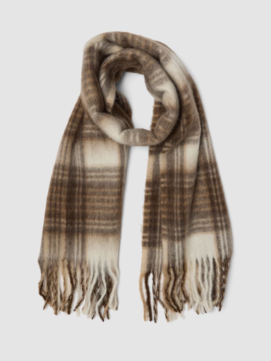 Beige checked scarf with fringes_0