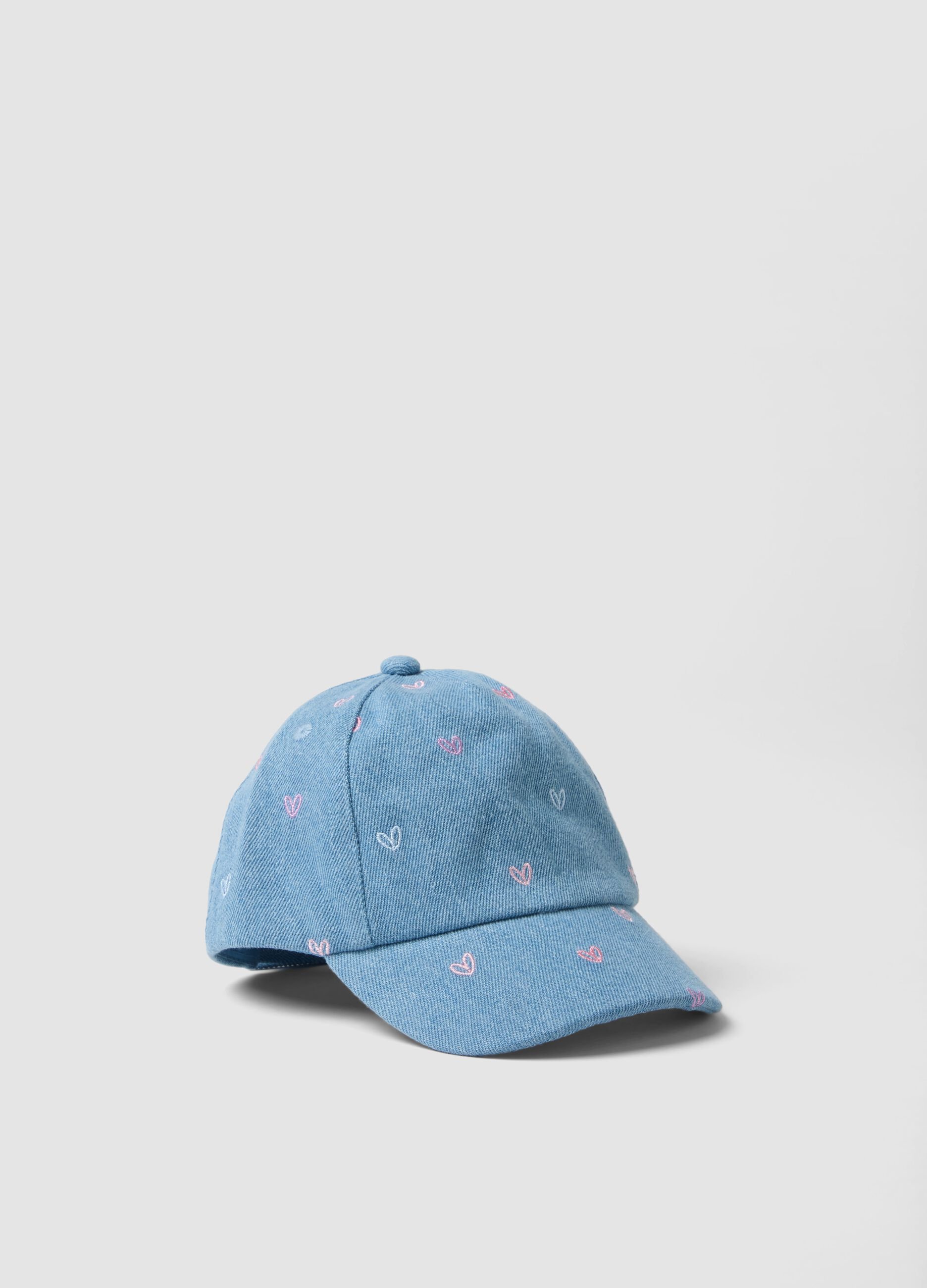 Light blue denim baseball cap in pure cotton for baby girls with hearts