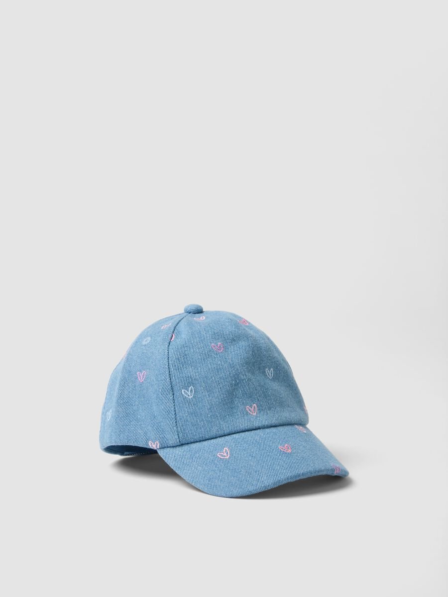Cappello da baseball denim azzurro in puro cotone da bimba con cuori_0