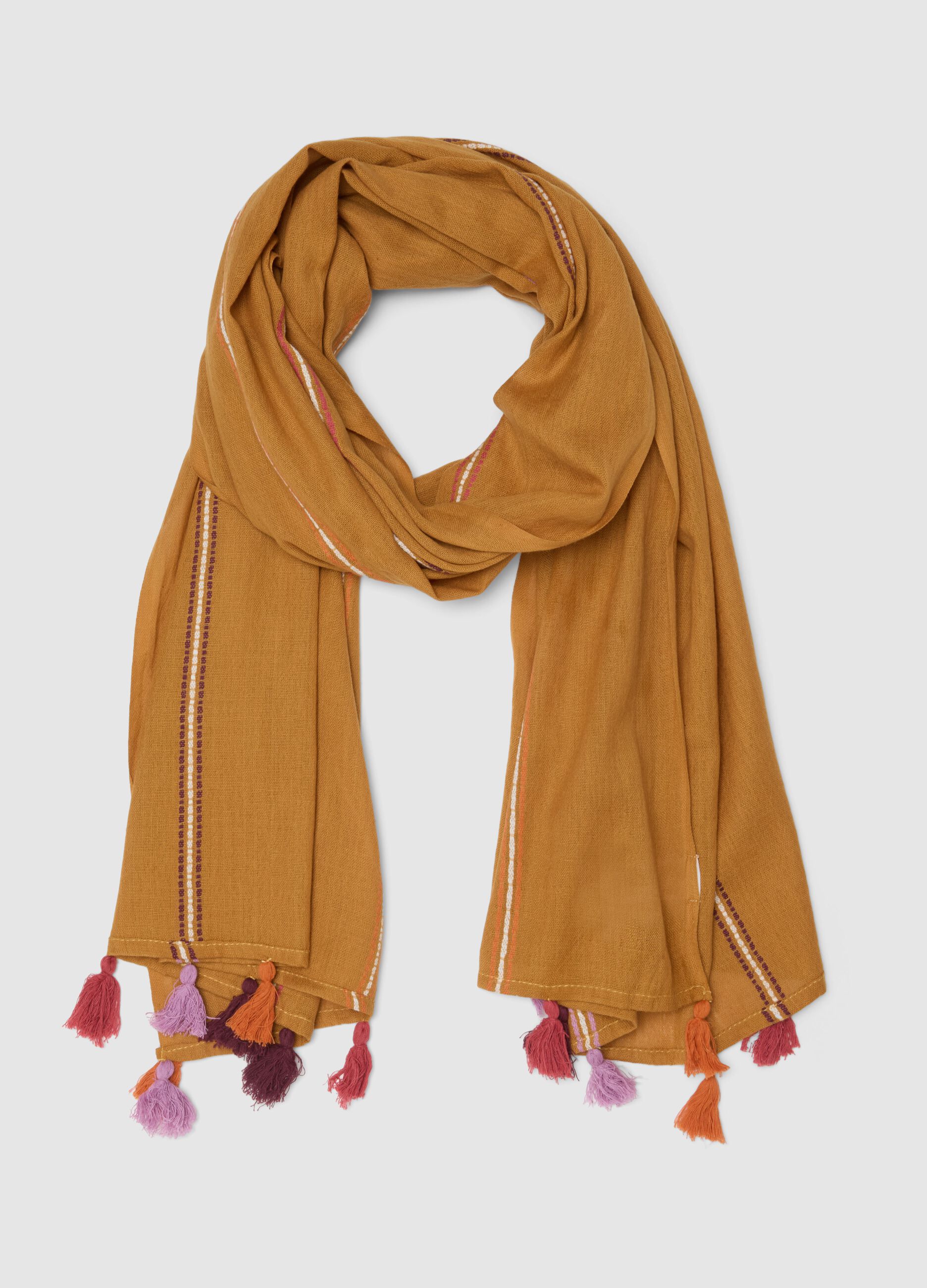 Brown pure cotton scarf with multicolour fringes