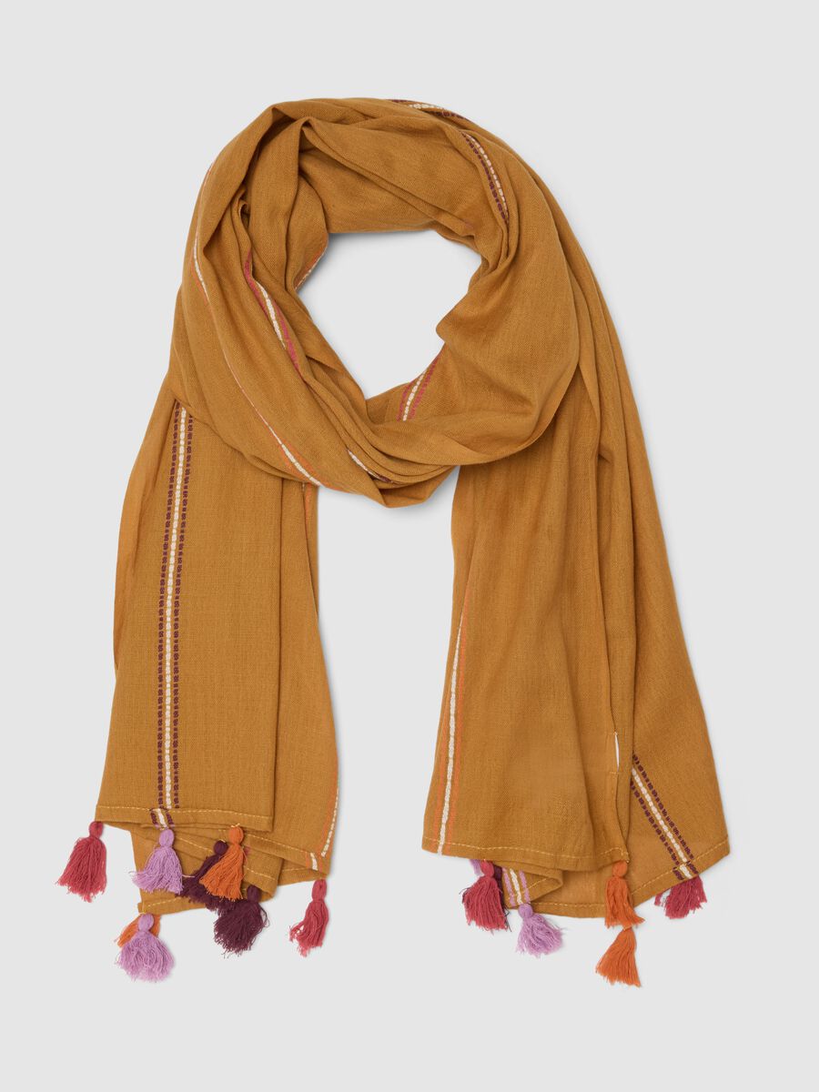 Brown pure cotton scarf with multicolour fringes_0