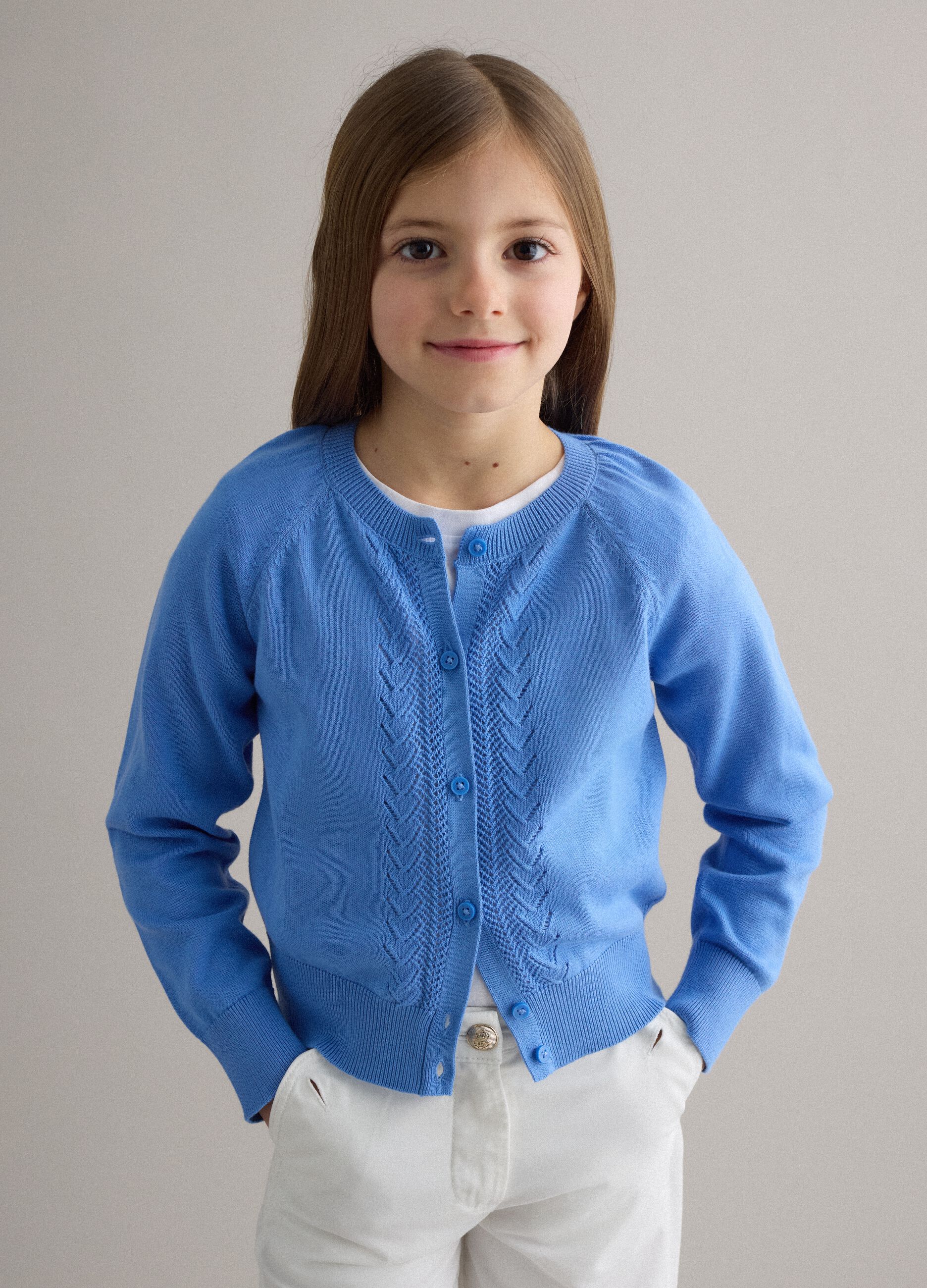 Girls' Regular Fit Blue Pure Cotton Cardigan with Cable Knit