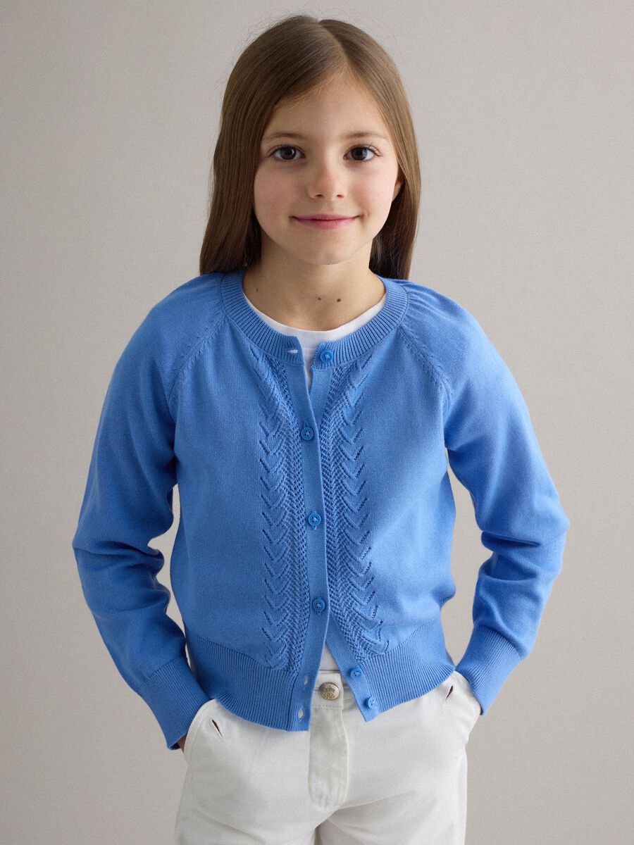 Girls' Regular Fit Blue Pure Cotton Cardigan with Cable Knit_0