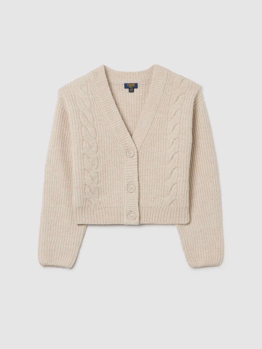 Beige V-neck cardigan with oversized fit for girls_3