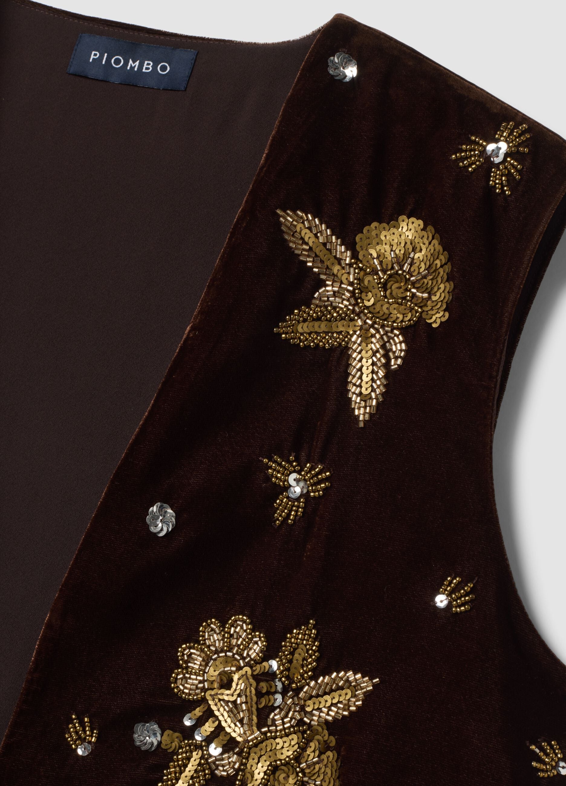Gilet marrone con ricami floreali e paillettes slim fit