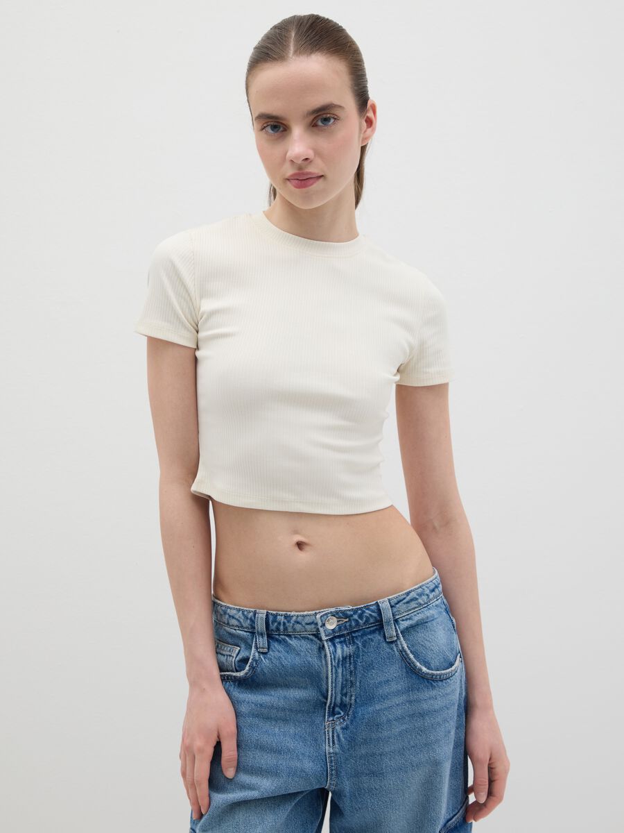 Women's fitted white ribbed cotton T-shirt_0