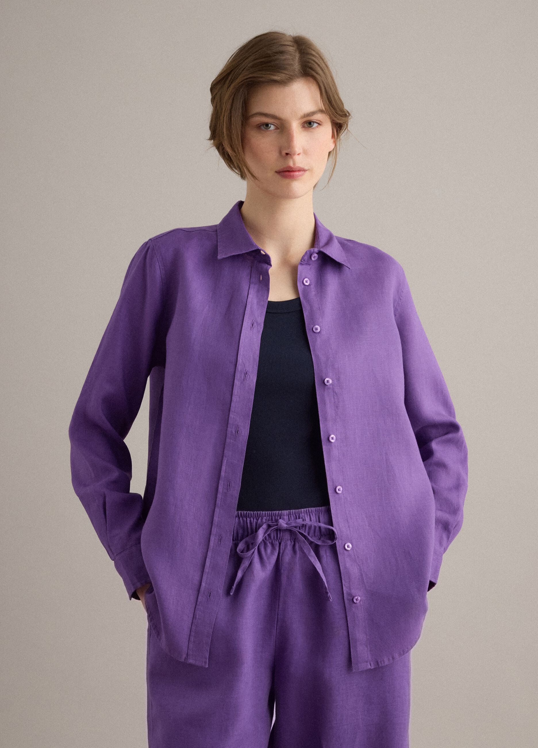 Camicia in puro lino viola regular fit