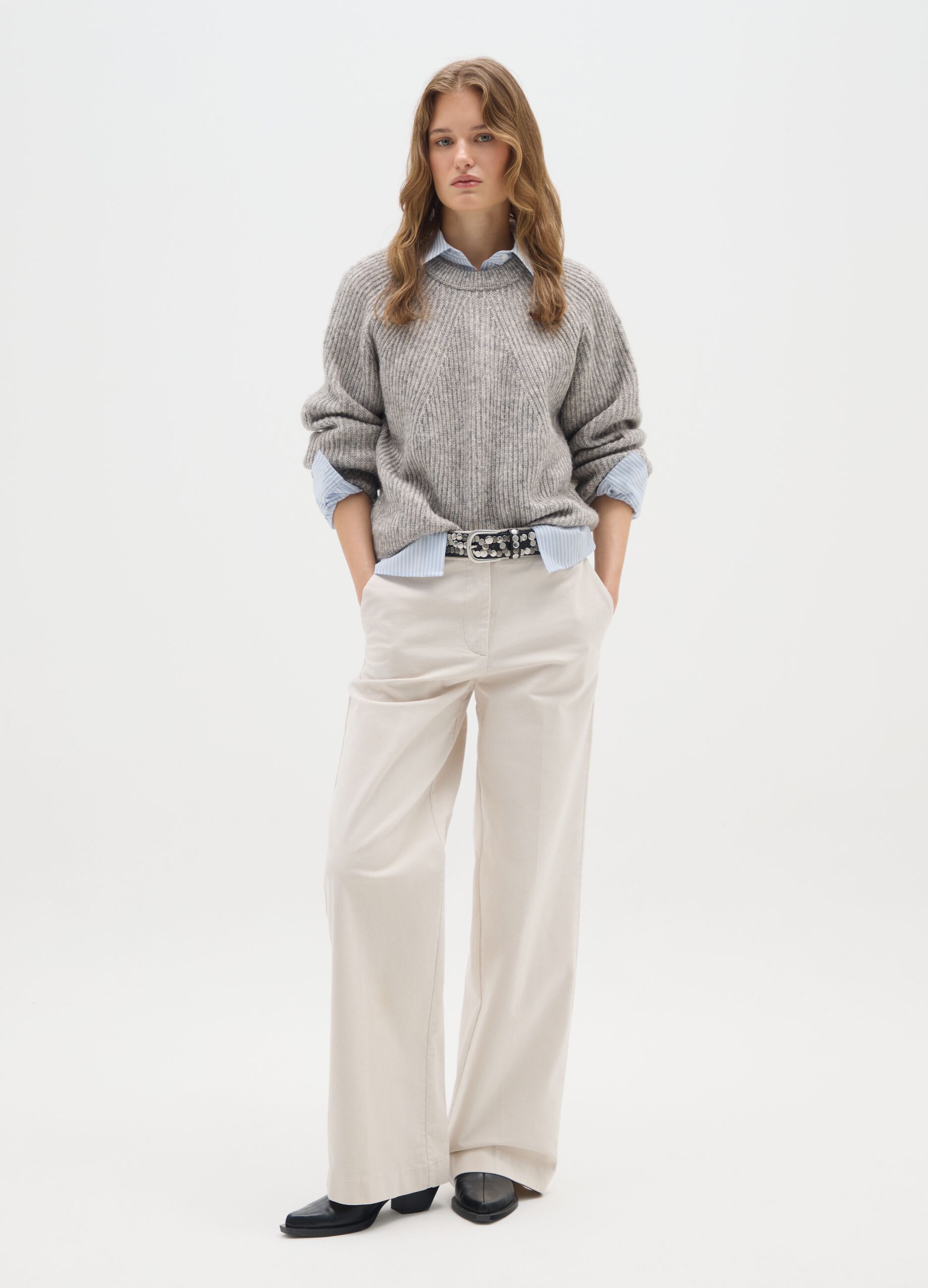 Beige cotton and velvet trousers regular fit