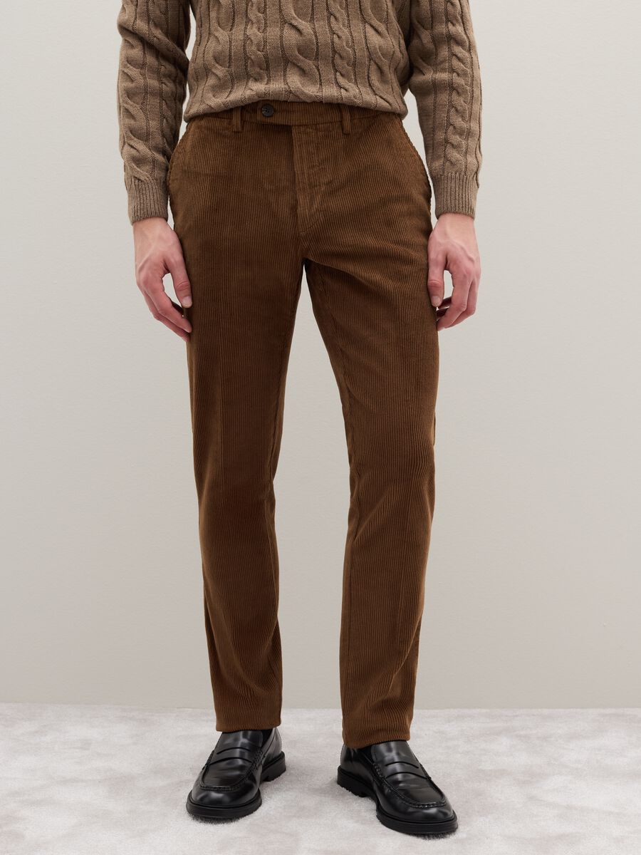 Brown regular fit stretch cotton trousers_1