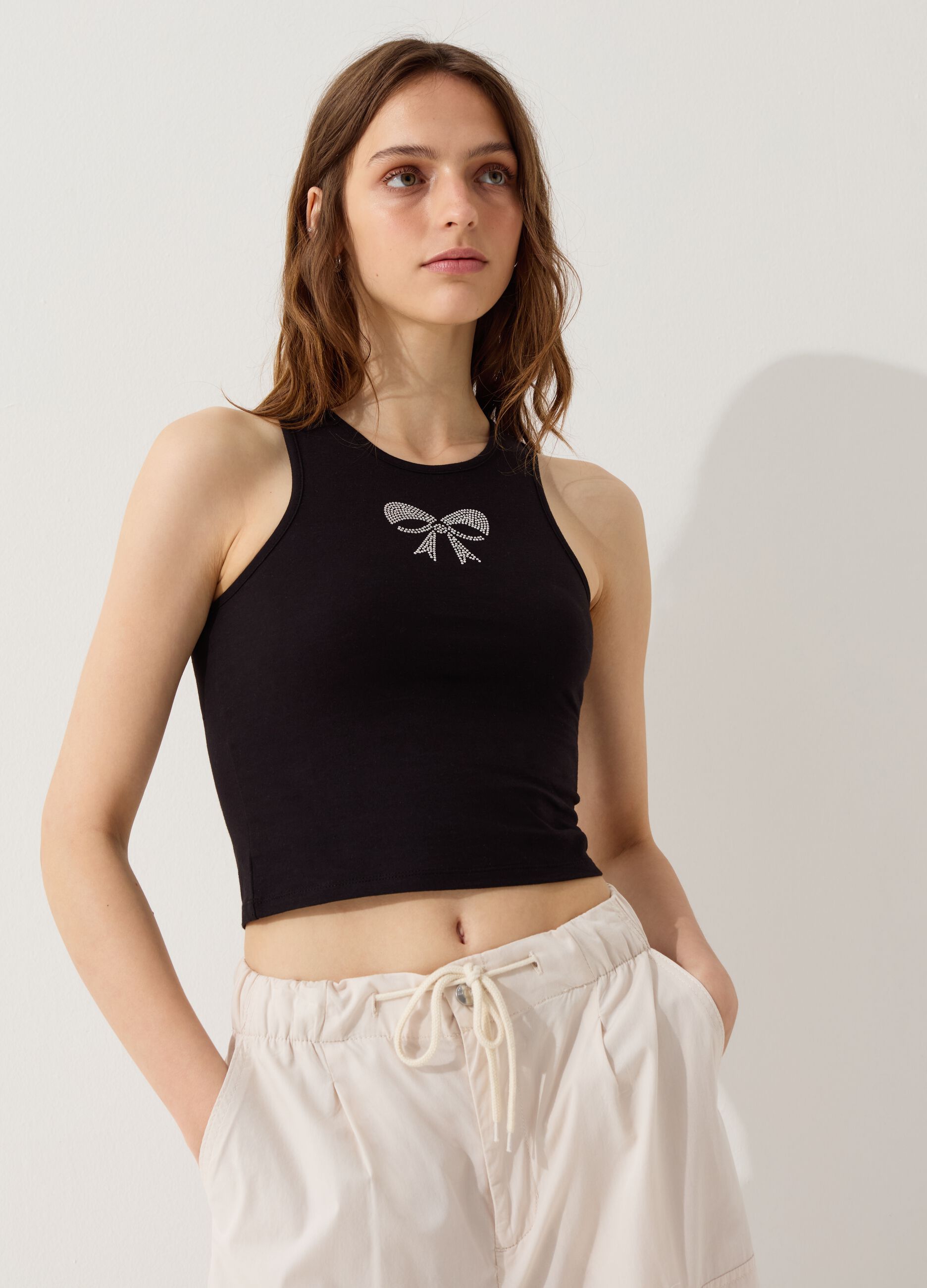 Ovs Tank top crop con fiocco in strass