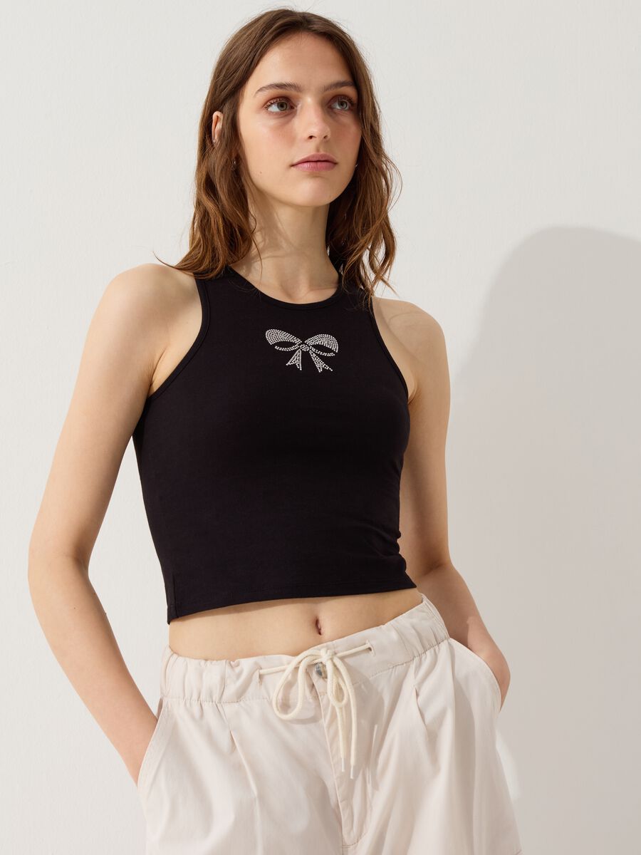 Crop tank top with diamanté bow_0
