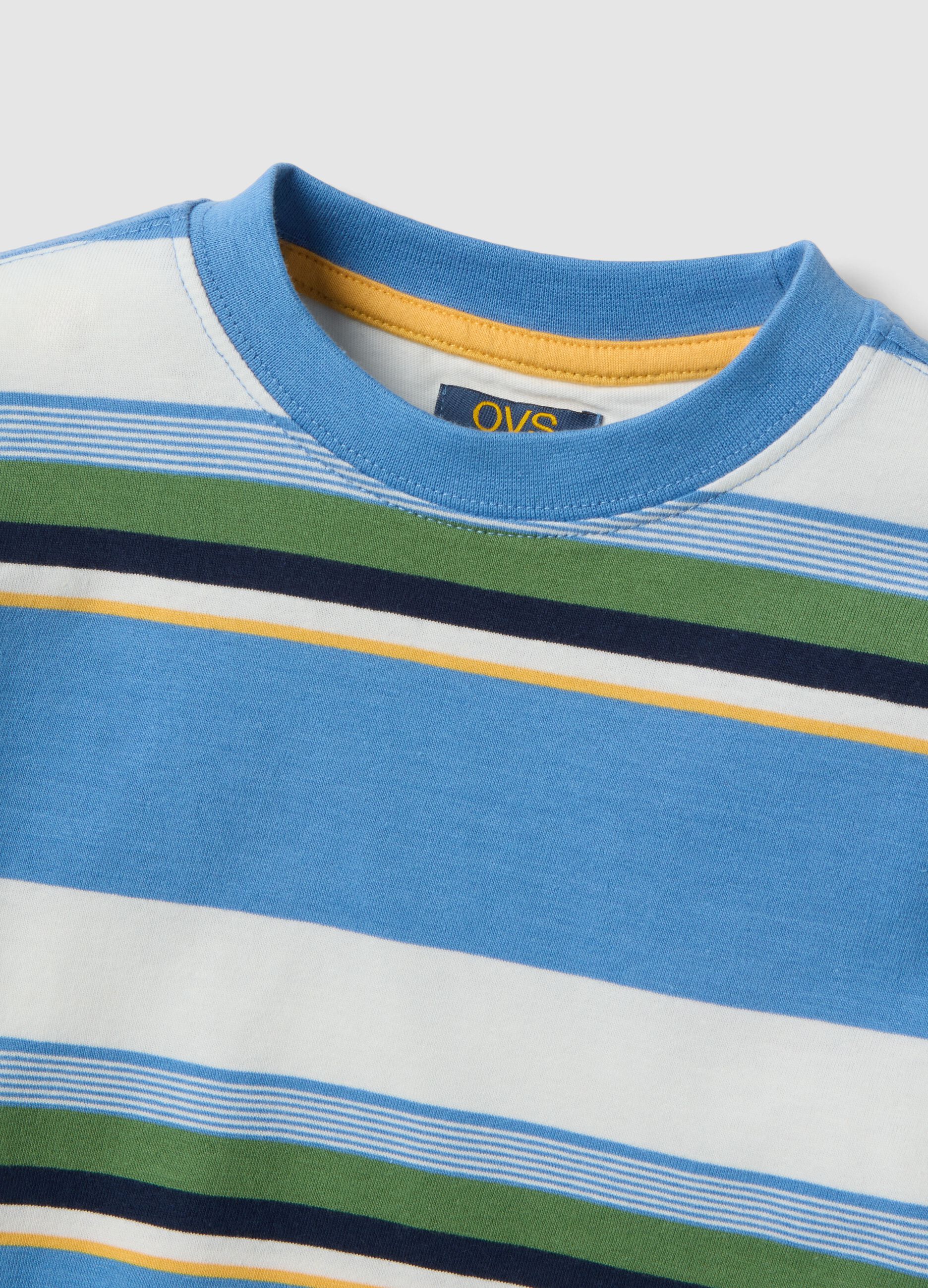 Boys&rsquo; pure cotton multicolour striped T-shirt, regular fit