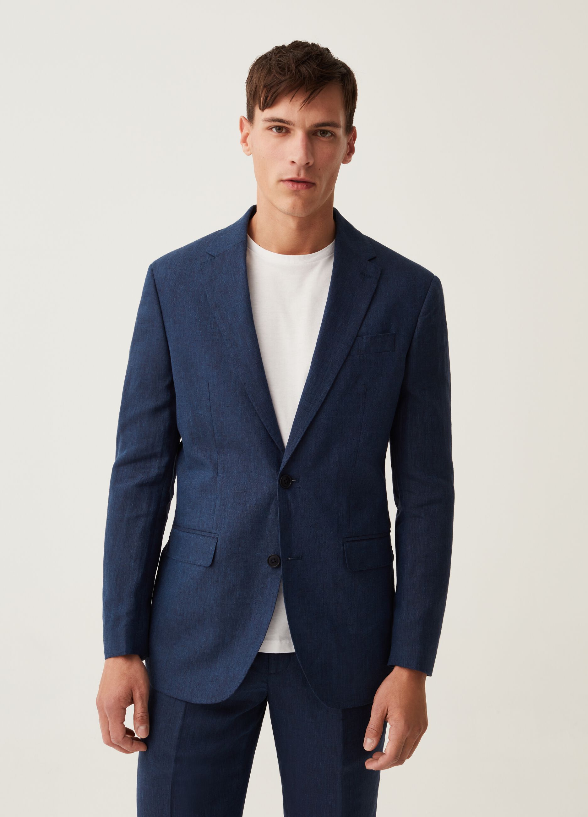 Blazer slim fit in lino blu navy_0