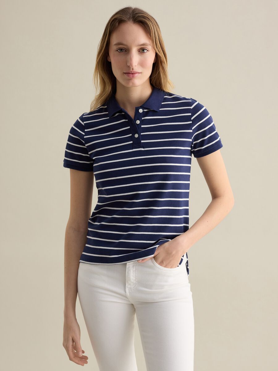 Blue and white striped polo shirt in piquet_0