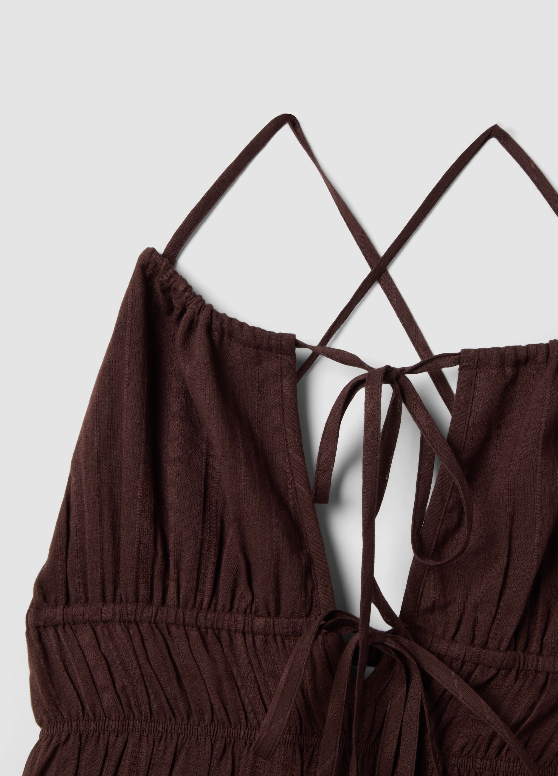 Brown pure cotton mini dress with thin straps, regular fit
