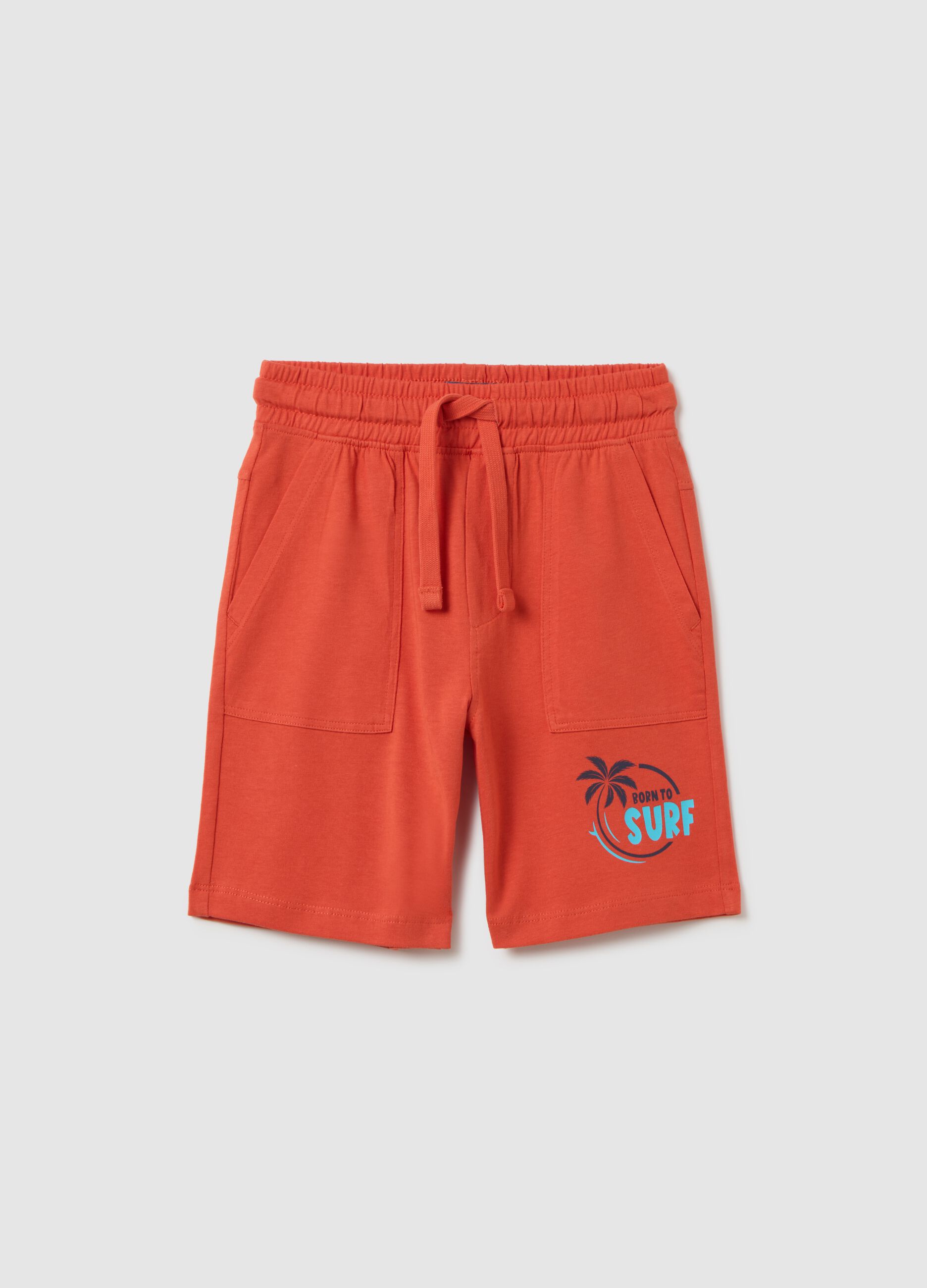 Children's red regular fit pure cotton shorts with print