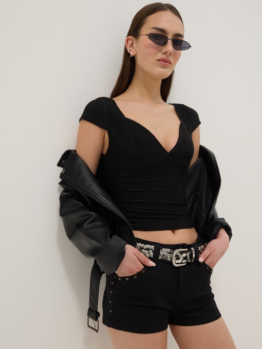 Black stretch viscose-blend V-neck regular-fit T-shirt_0