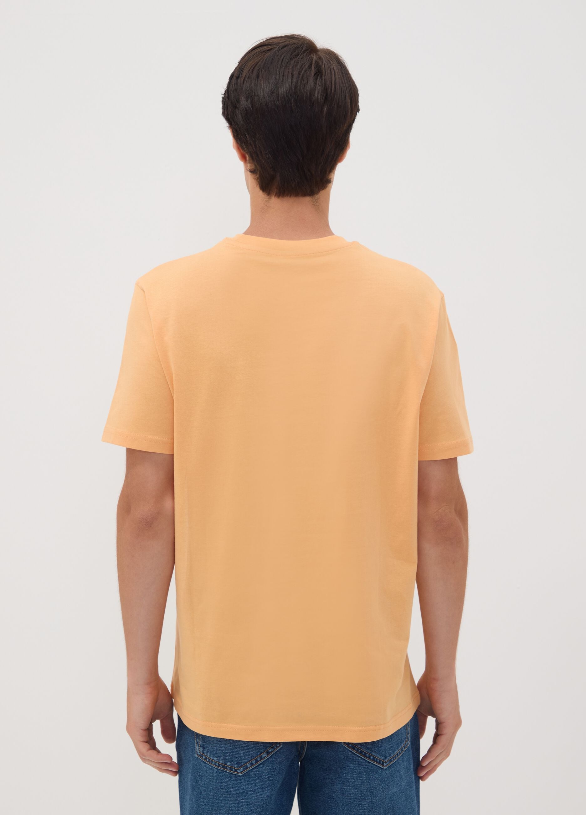Orange pure cotton jersey T-shirt with chest print, regular fit