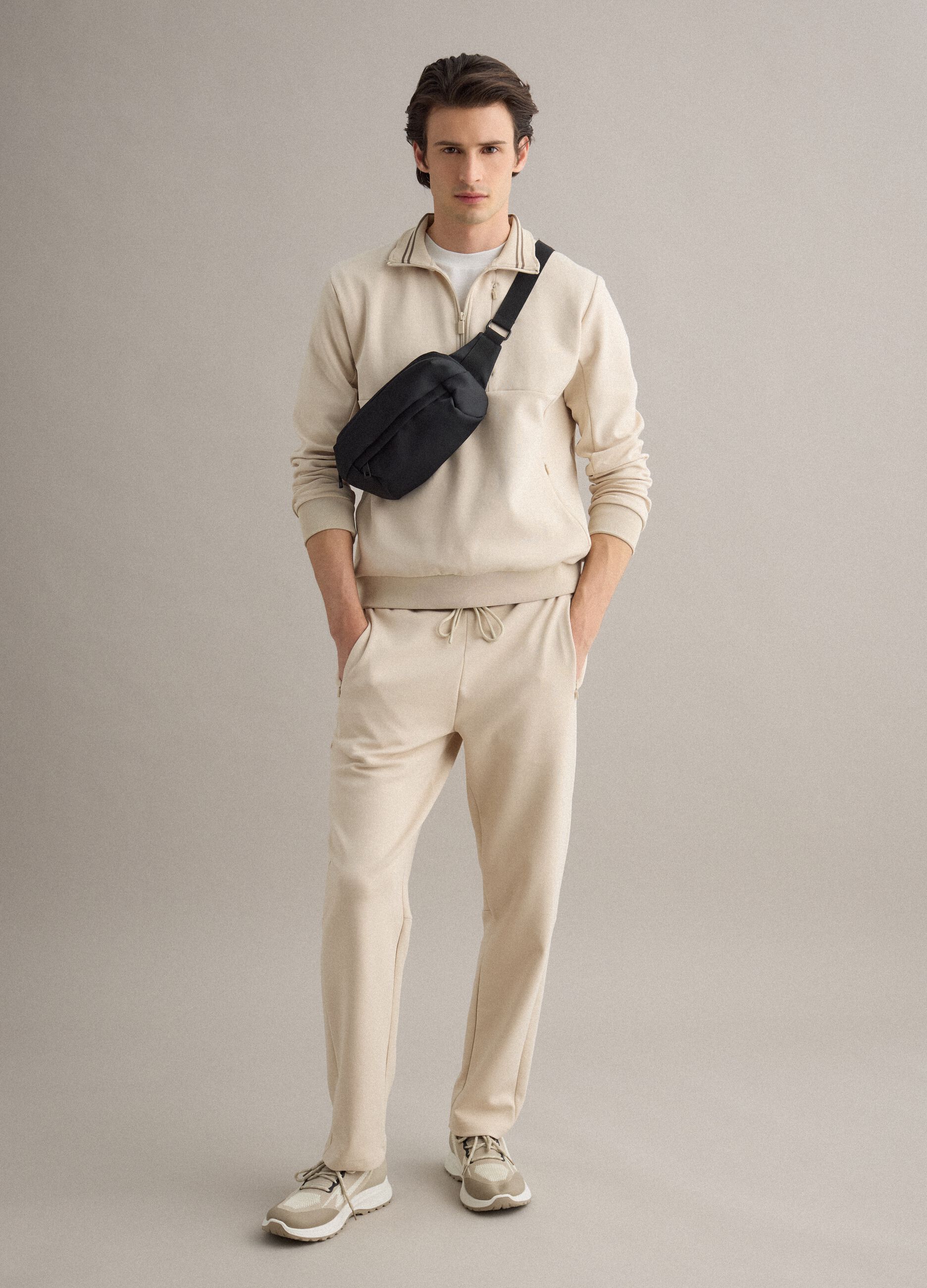 Felpa in misto cotone elasticizzato beige regular fit con mezza zip