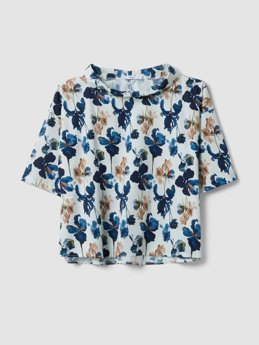 Blue stretch-cotton top with floral print_0