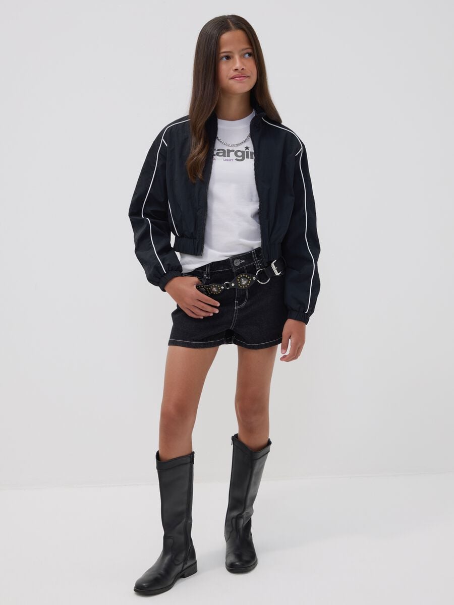 Shorts denim neri in puro cotone con ricami a stella per ragazza_0