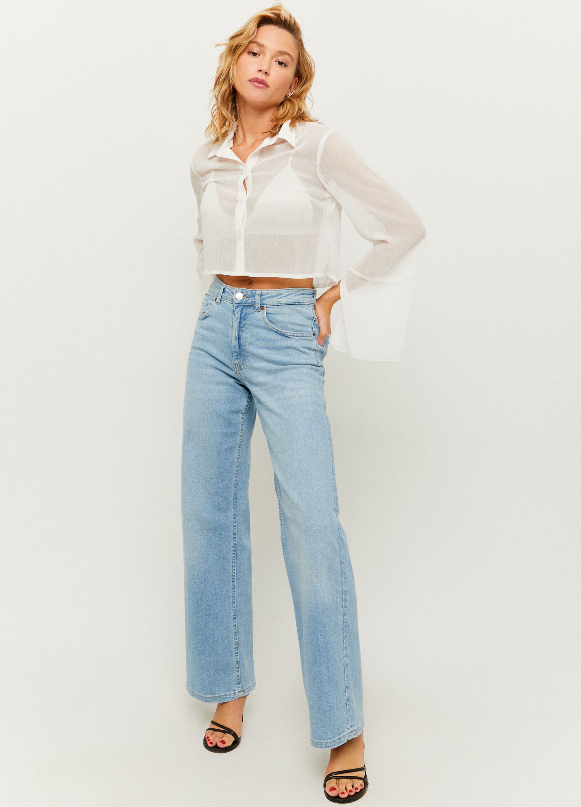 Semi-sheer blouse with flared sleeves