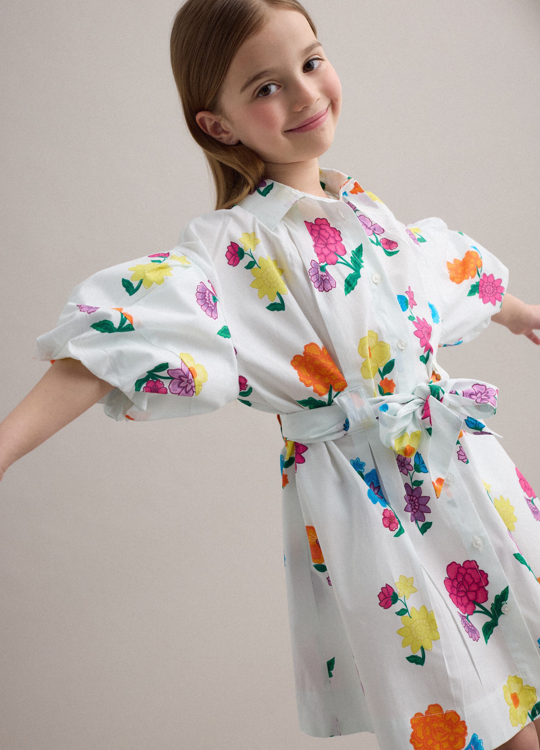 Girls&rsquo; white pure cotton dress with floral print, regular fit