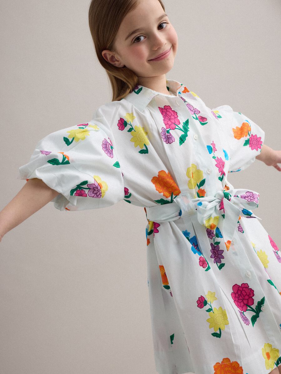 Girls&rsquo; white pure cotton dress with floral print, regular fit_0