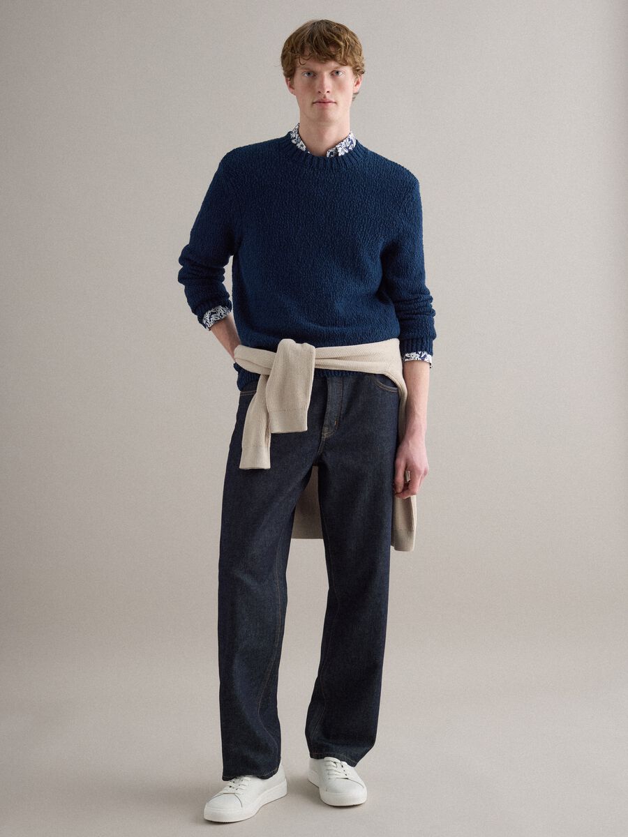 Long sleeve blue pure cotton pullover regular fit_1