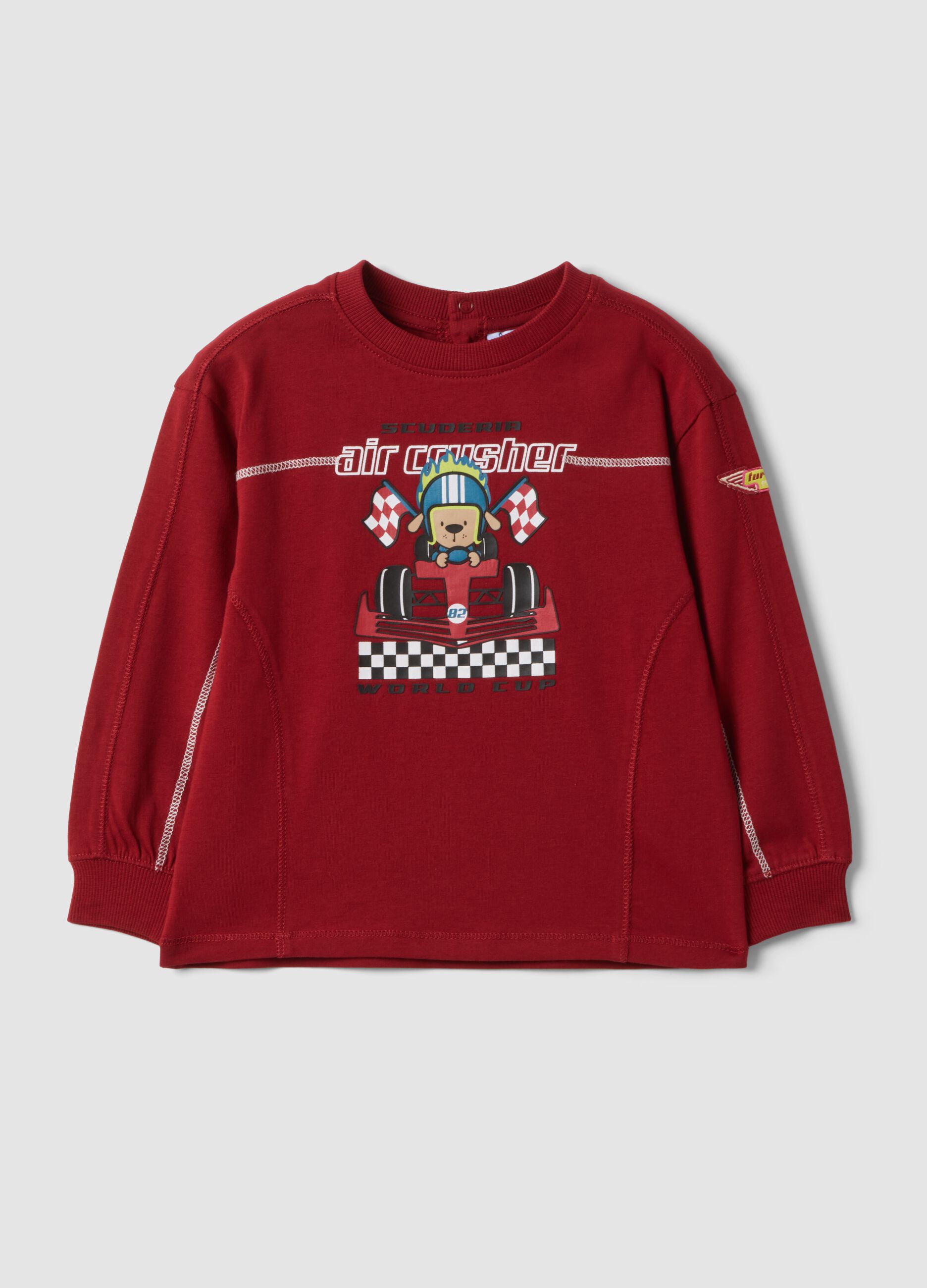 Red pure cotton crew-neck T-shirt with racing print for baby boy