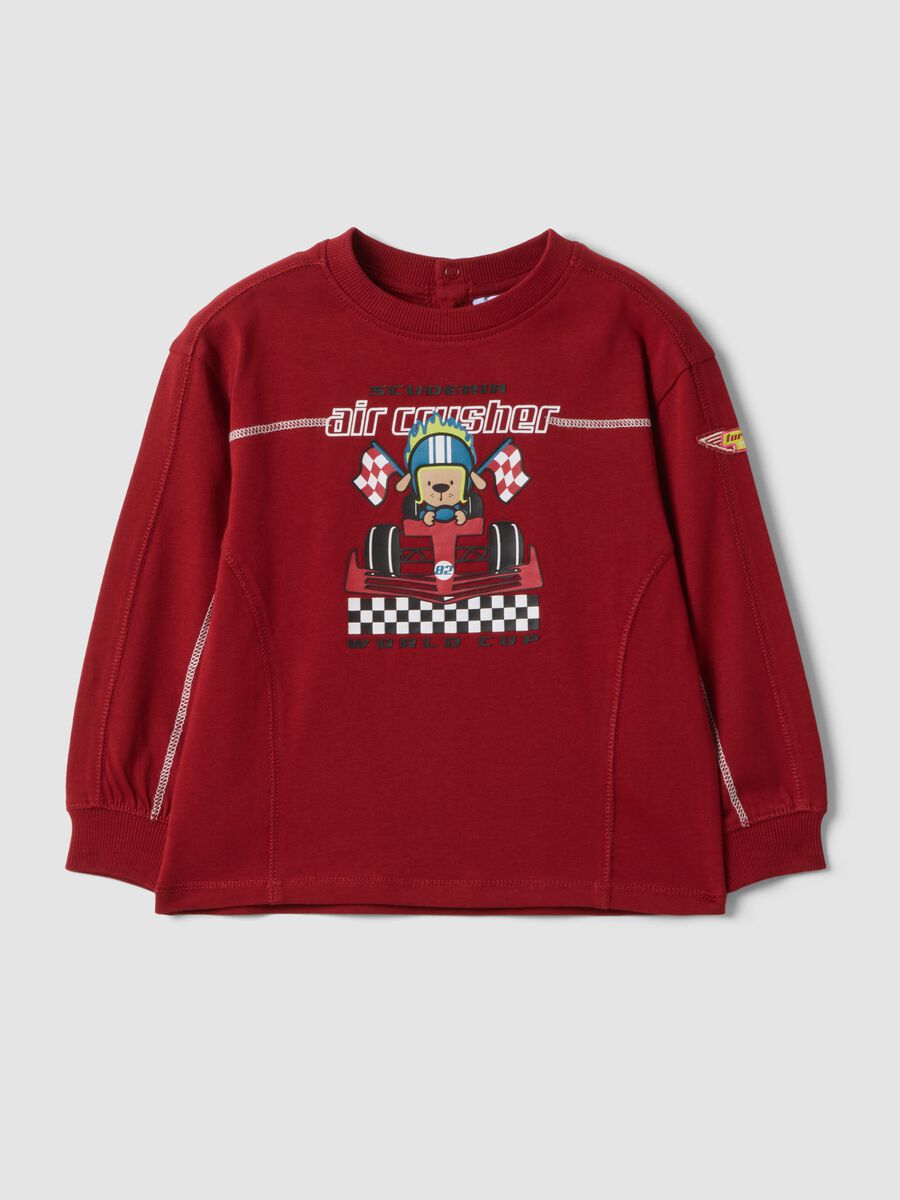 Red pure cotton crew-neck T-shirt with racing print for baby boy_0