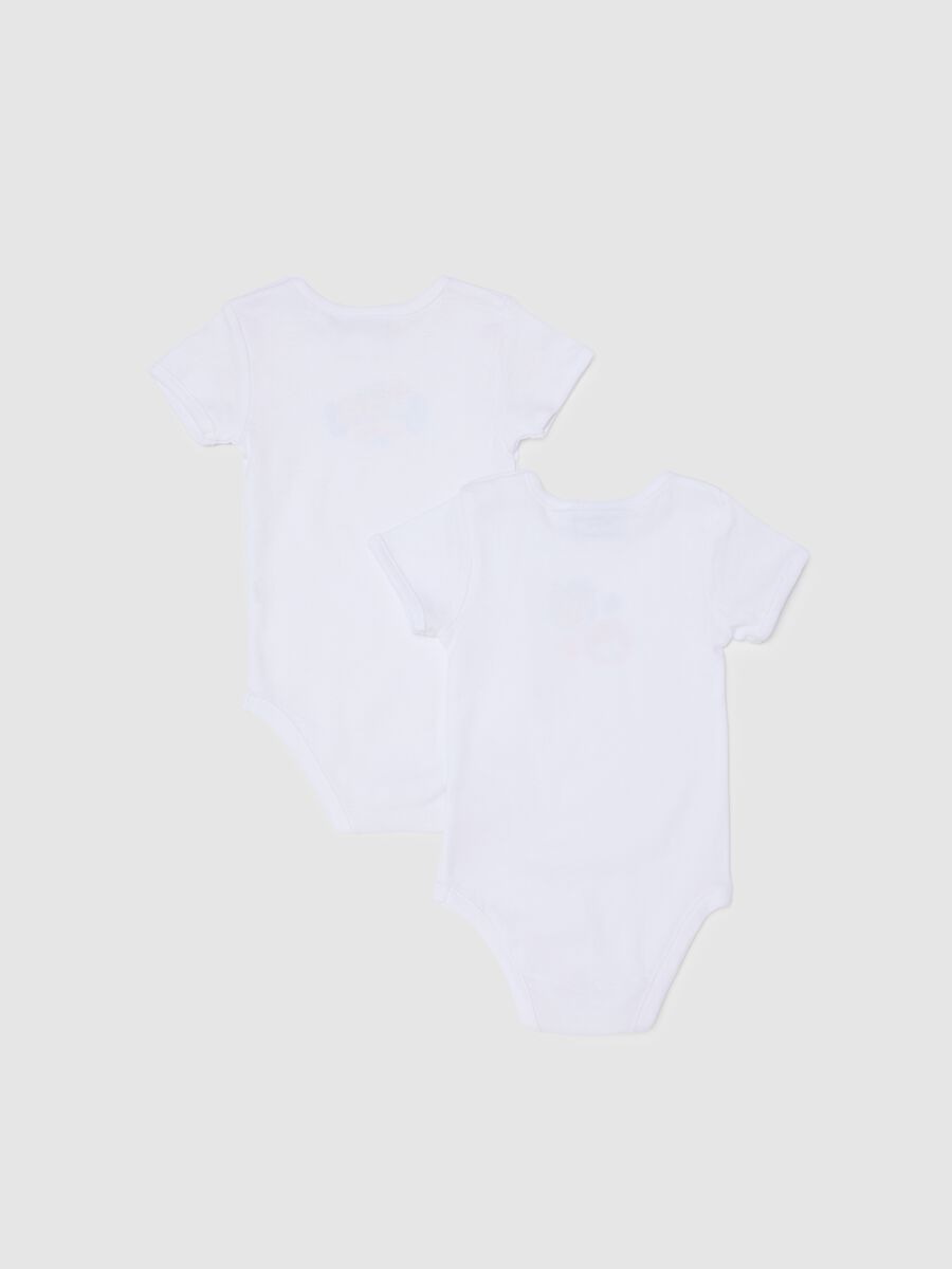 Twin pack bodysuits for infants in pure white cotton with print_1